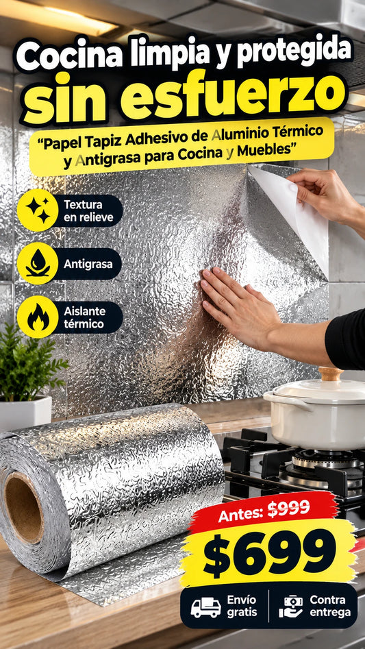 Papel Tapiz Adhesivo de Aluminio Térmico y Antigrasa para Cocina y Muebles